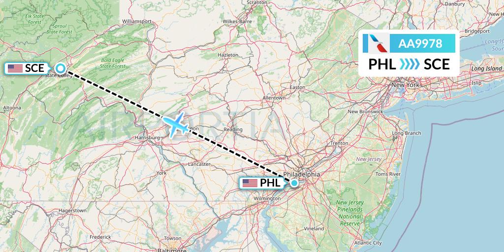 AA9978 American Airlines Flight Map: Philadelphia to State College