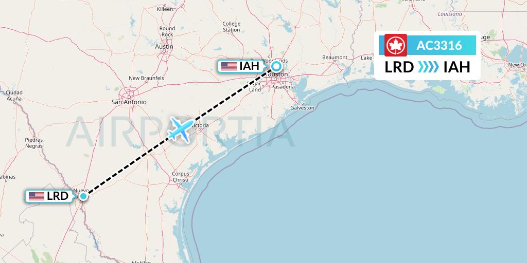 AC3316 Air Canada Flight Map: Laredo to Houston