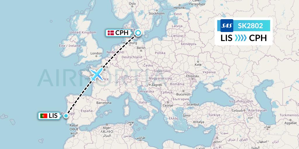 SK2802 SAS Flight Map: Lisbon to Copenhagen
