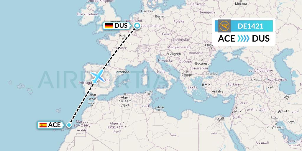 DE1421 Condor Flight Map: Lanzarote to Dusseldorf