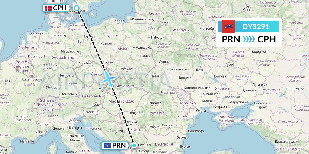 DY3291 Norwegian Flight Map: Pristina to Copenhagen
