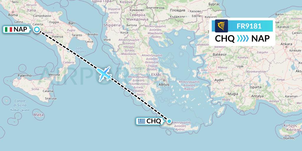 FR9181 Ryanair Flight Map: Chania to Naples