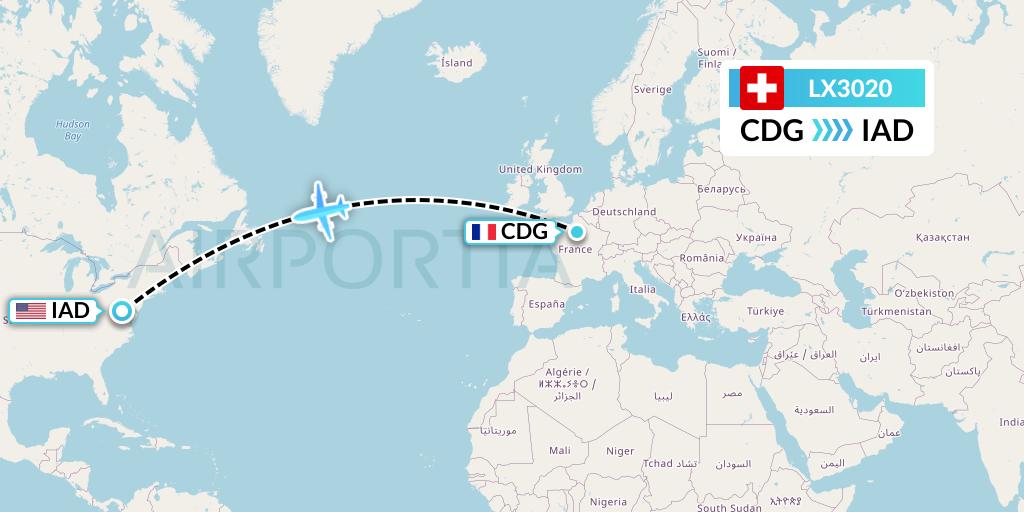 LX3020 Swiss Flight Map: Paris to Washington