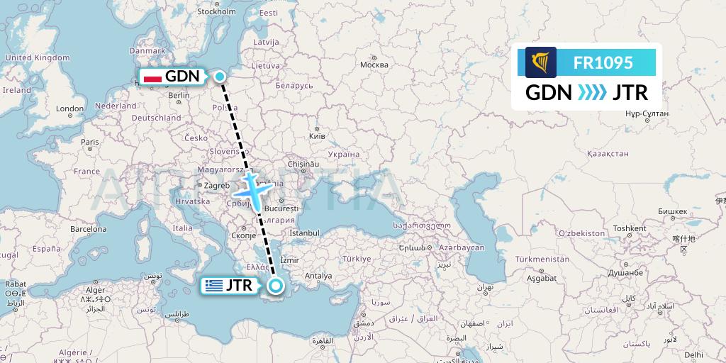 FR1095 Ryanair Flight Map: Gdansk to Santorini