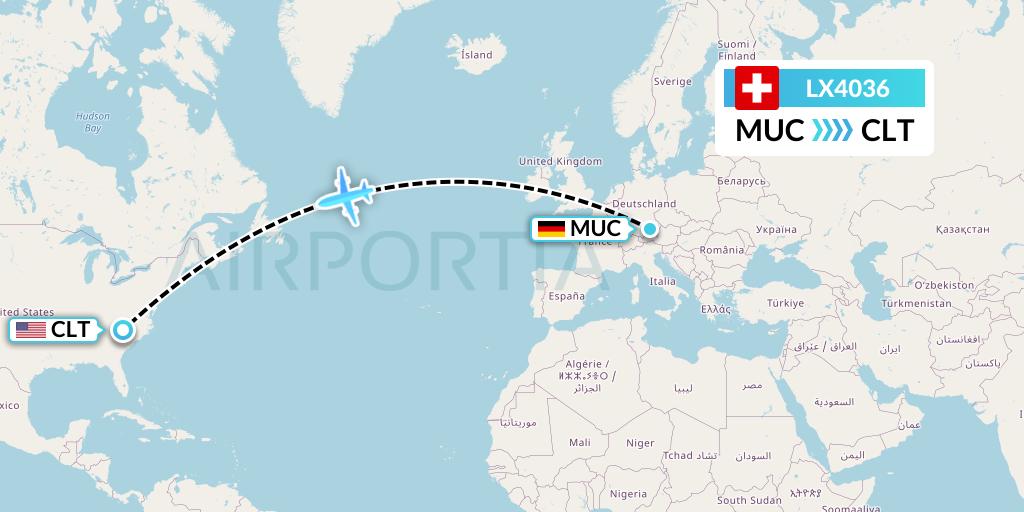 LX4036 Swiss Flight Map: Munich to Charlotte