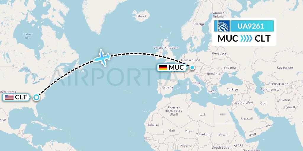 UA9261 United Airlines Flight Map: Munich to Charlotte