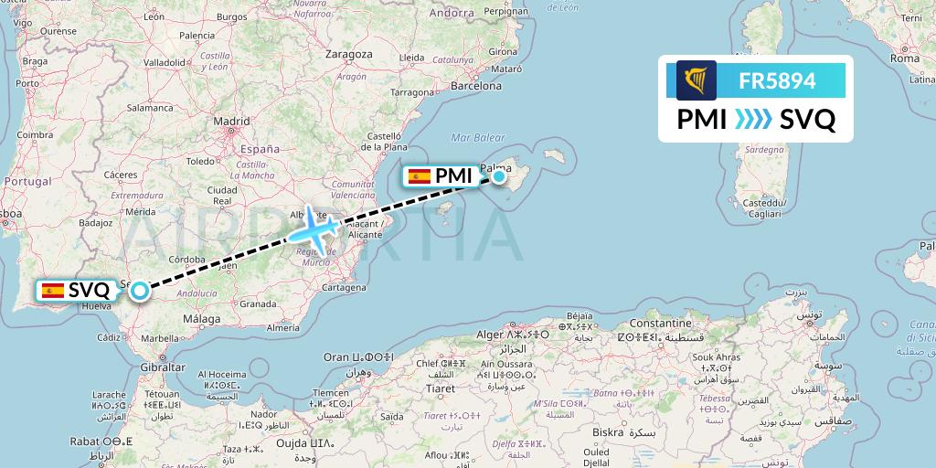 FR5894 Ryanair Flight Map: Palma de Mallorca to Seville
