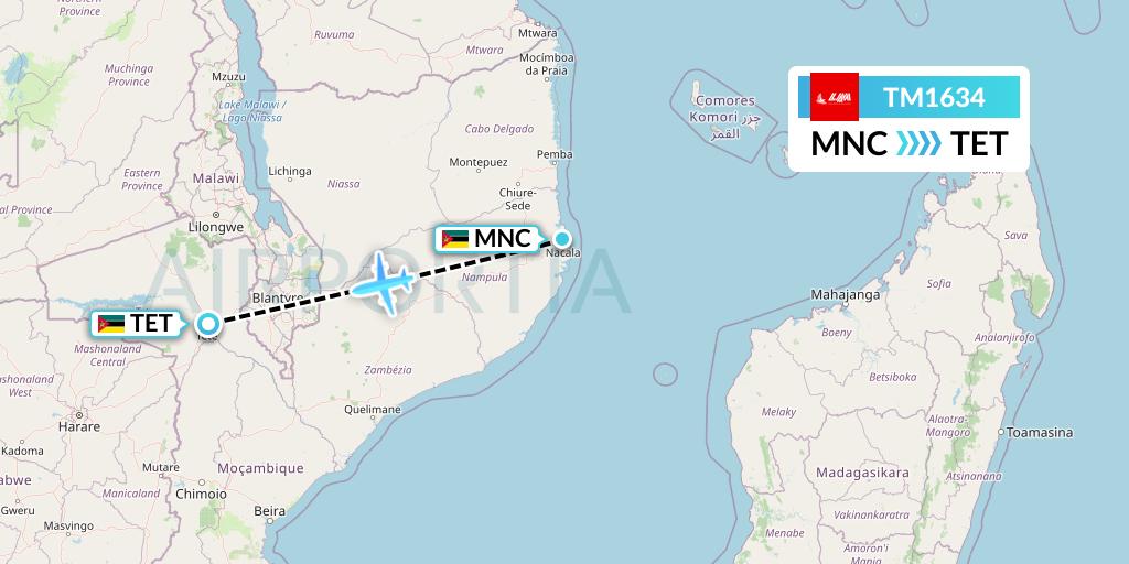 TM1634 LAM Mozambique Airlines Flight Map: Nacala to Tete