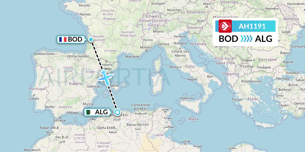 AH1191 Air Algerie Flight Map: Bordeaux to Algiers