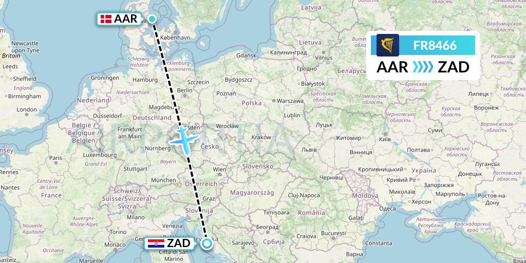 FR8466 Ryanair Flight Map: Aarhus to Zadar
