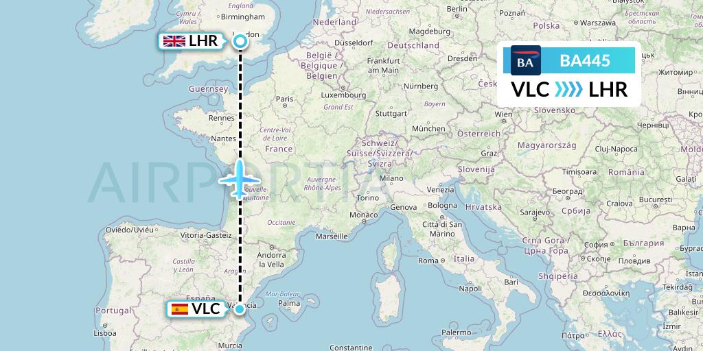 BA445 British Airways Flight Map: Valencia to London