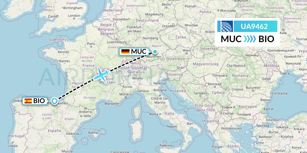 UA9462 United Airlines Flight Map: Munich to Bilbao