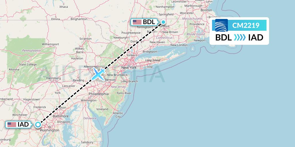 CM2219 Copa Airlines Flight Map: Windsor Locks to Washington