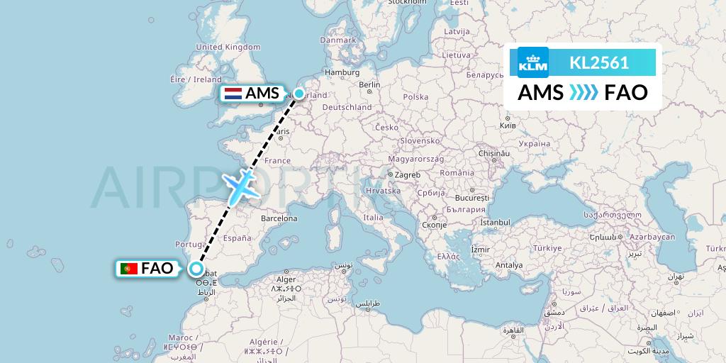 KL2561 KLM Flight Map: Amsterdam to Faro
