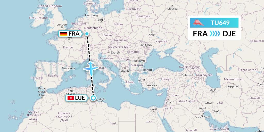 TU649 Tunisair Flight Map: Frankfurt to Djerba