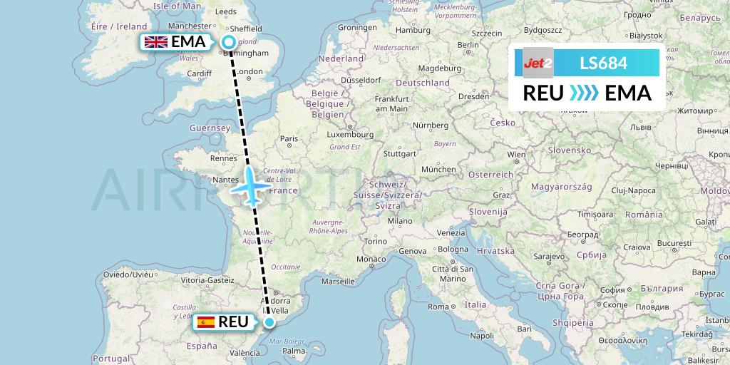 LS684 Jet2 Flight Map: Reus to East Midlands