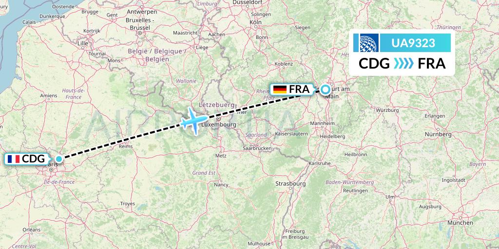 UA9323 United Airlines Flight Map: Paris to Frankfurt