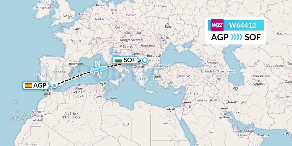 W64412 Wizz Air Flight Map: Malaga to Sofia