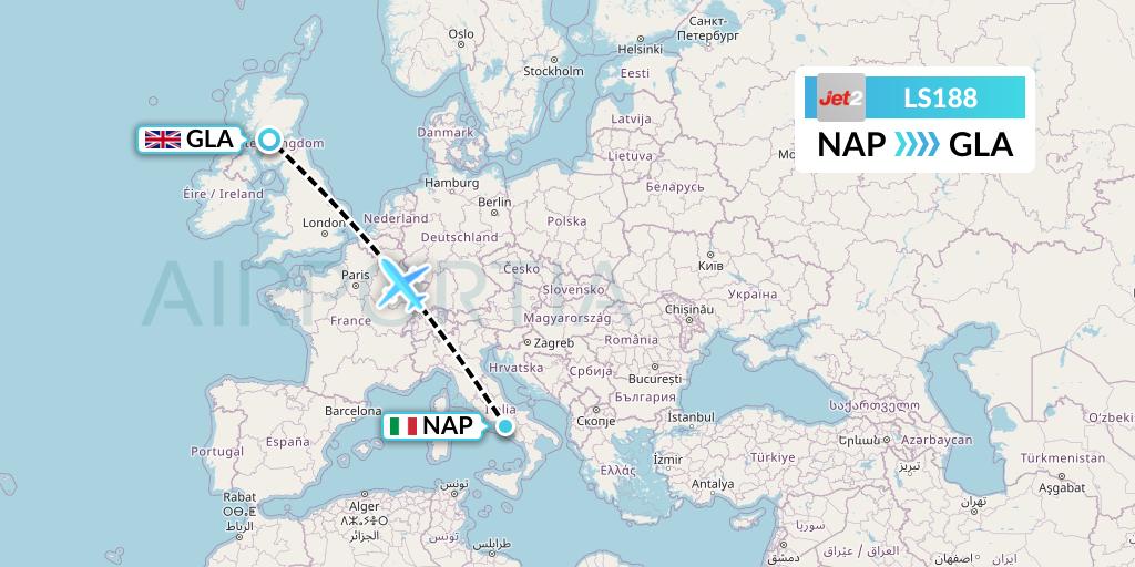 LS188 Jet2 Flight Map: Naples to Glasgow