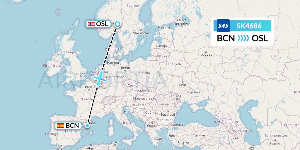 SK4686 SAS Flight Map: Barcelona to Oslo