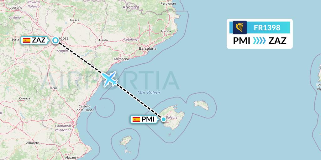 FR1398 Ryanair Flight Map: Palma de Mallorca to Zaragoza