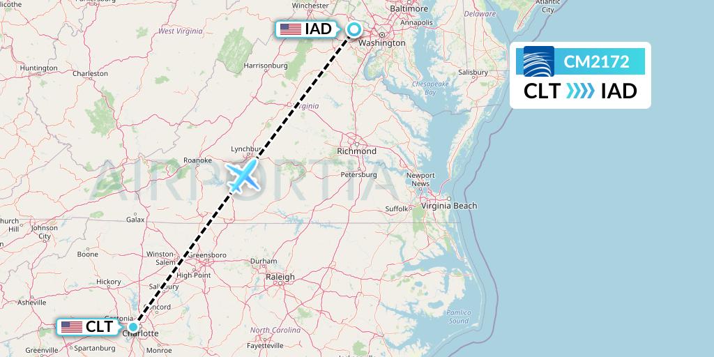 CM2172 Copa Airlines Flight Map: Charlotte to Washington