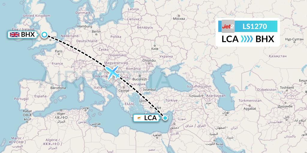 LS1270 Jet2 Flight Map: Larnaca to Birmingham