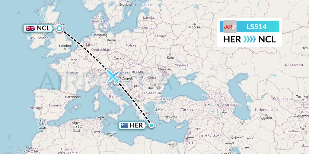 LS514 Jet2 Flight Map: Heraklion to Newcastle