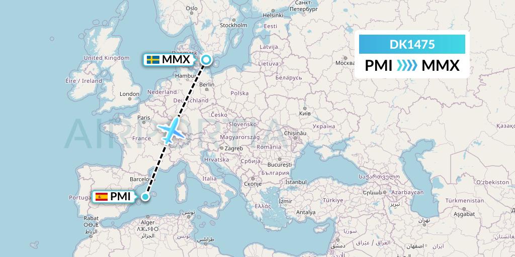 DK1475 Thomas Cook Airlines Scandinavia Flight Map: Palma de Mallorca to Malmo
