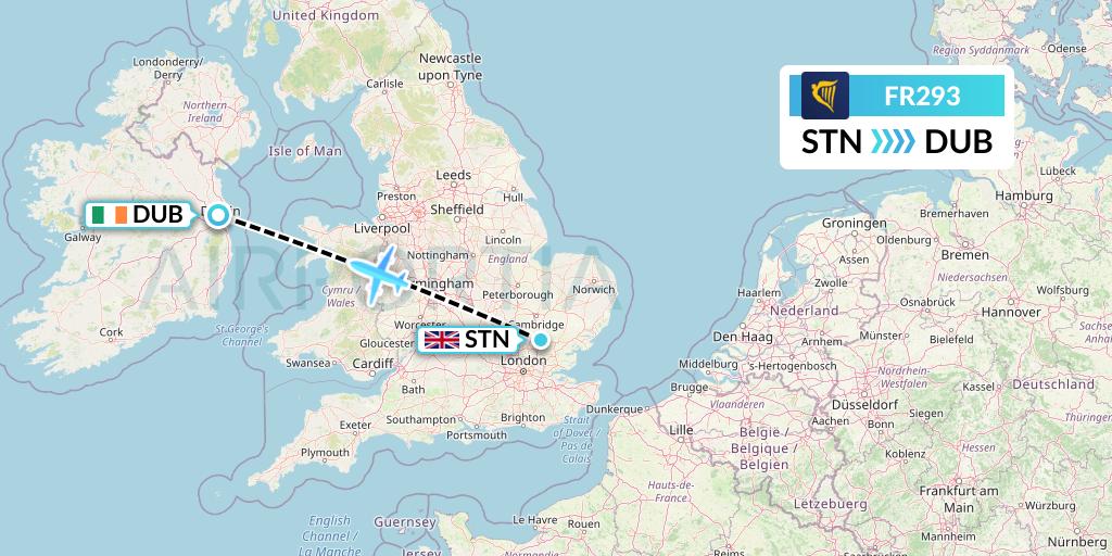 FR293 Ryanair Flight Map: London to Dublin
