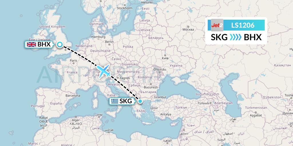 LS1206 Jet2 Flight Map: Thessaloniki to Birmingham