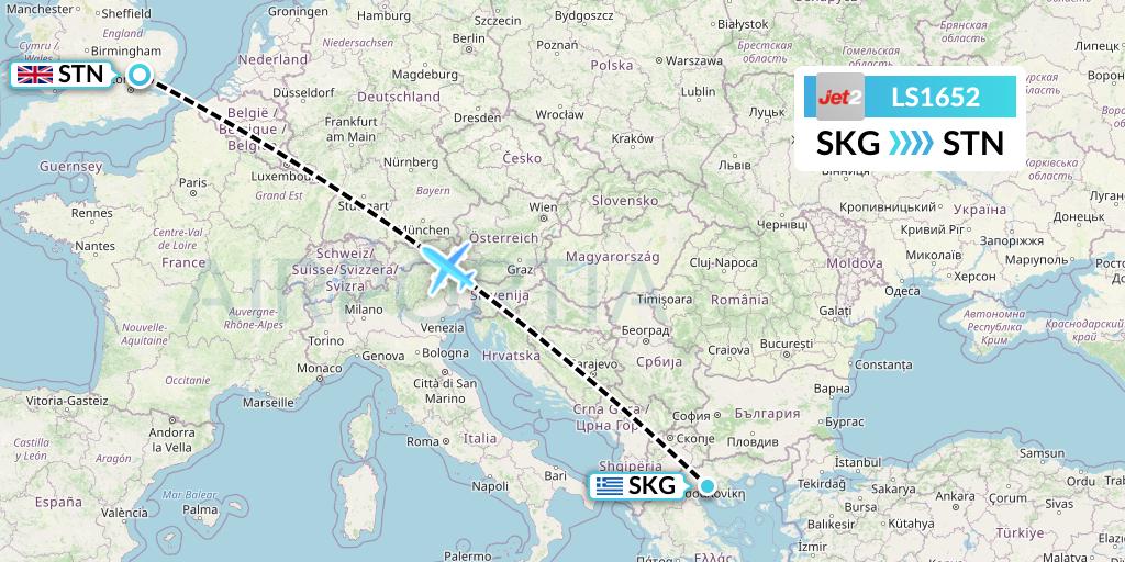 LS1652 Jet2 Flight Map: Thessaloniki to London