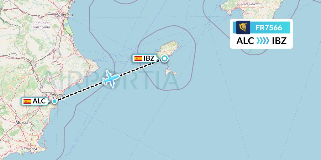 FR7566 Ryanair Flight Map: Alicante to Ibiza