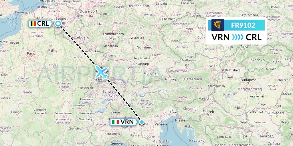 FR9102 Ryanair Flight Map: Verona to Brussels