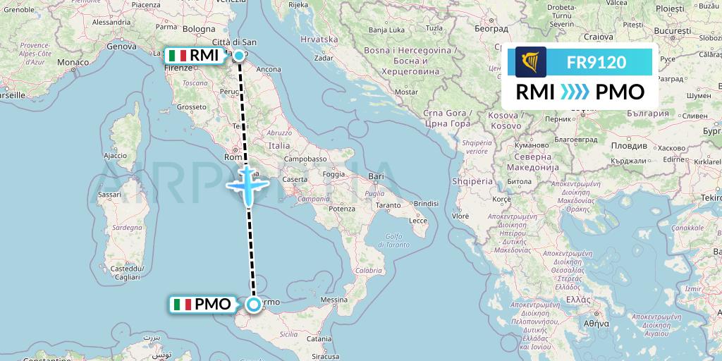 FR9120 Ryanair Flight Map: Rimini to Palermo