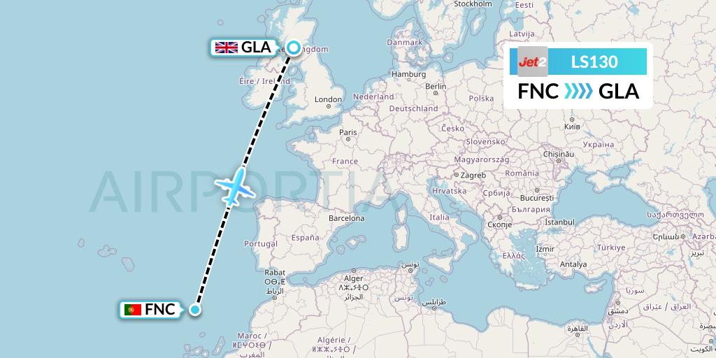LS130 Jet2 Flight Map: Funchal to Glasgow
