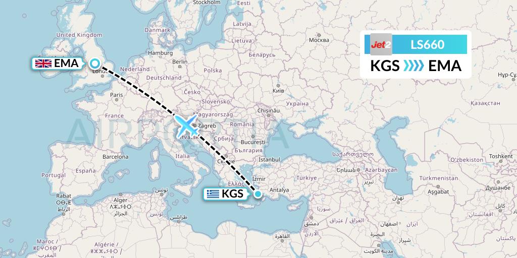 LS660 Jet2 Flight Map: Kos to East Midlands