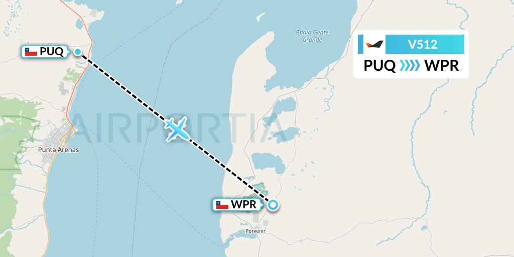 V512 Aerovias DAP Flight Map: Punta Arenas to Porvenir