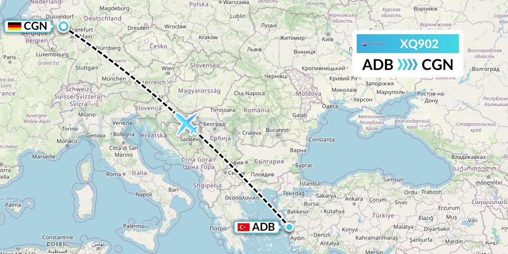 XQ902 SunExpress Flight Map: Izmir to Cologne