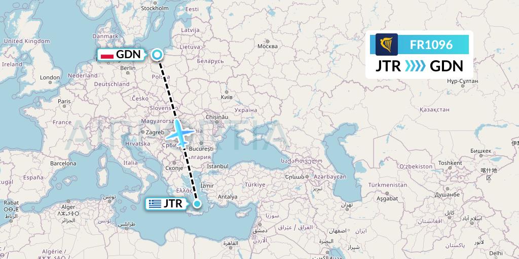 FR1096 Ryanair Flight Map: Santorini to Gdansk