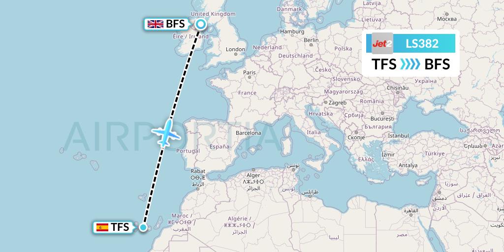 LS382 Jet2 Flight Map: Tenerife to Belfast