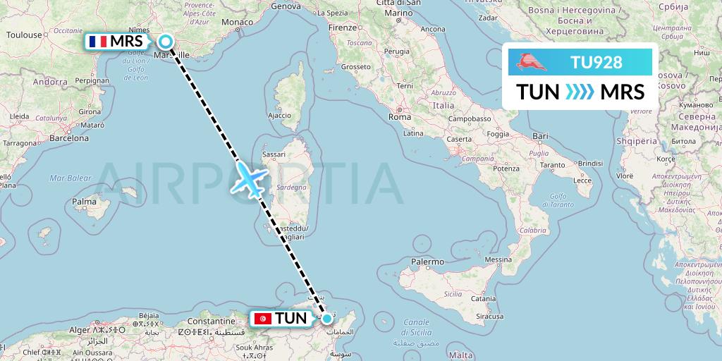 TU928 Tunisair Flight Map: Tunis to Marseille