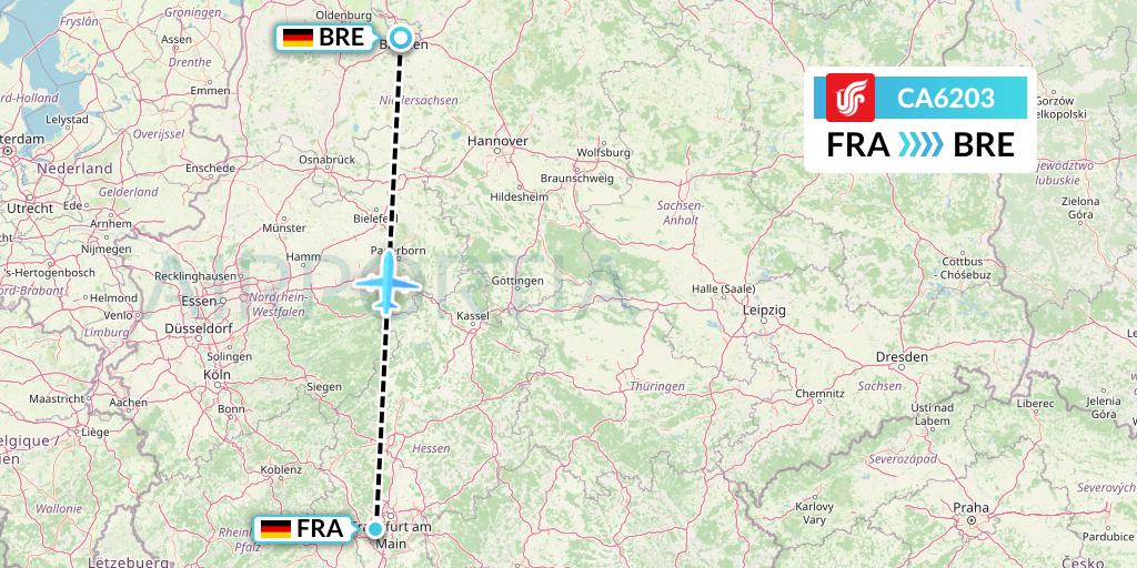 CA6203 Air China Flight Map: Frankfurt to Bremen