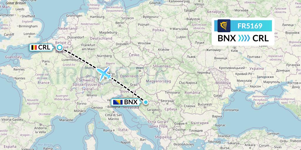 FR5169 Ryanair Flight Map: Banja Luka to Brussels