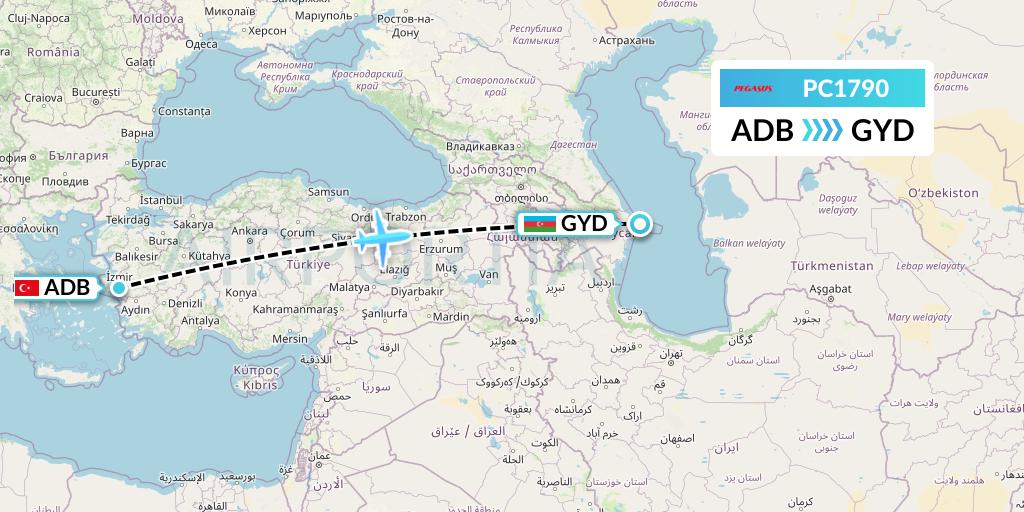 PC1790 Pegasus Airlines Flight Map: Izmir to Baku