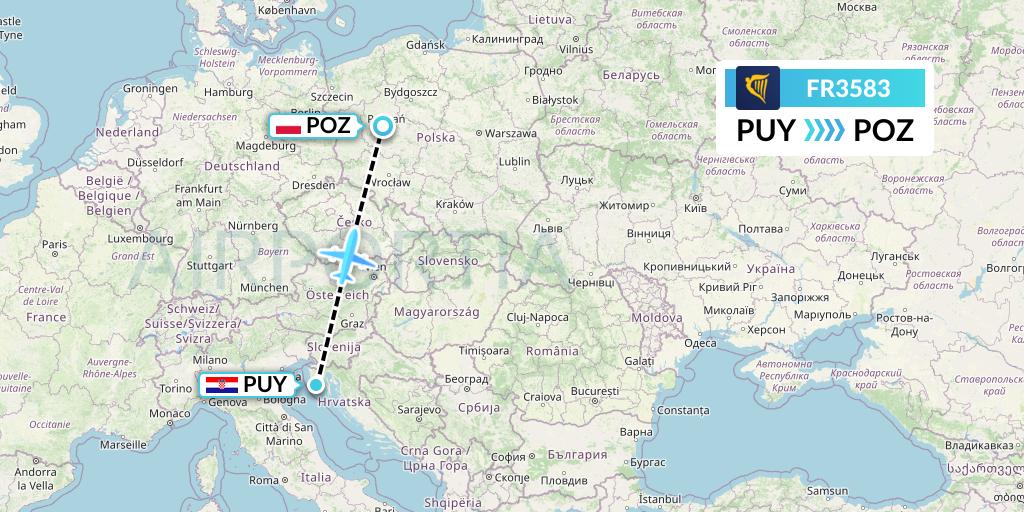 FR3583 Ryanair Flight Map: Pula to Poznan