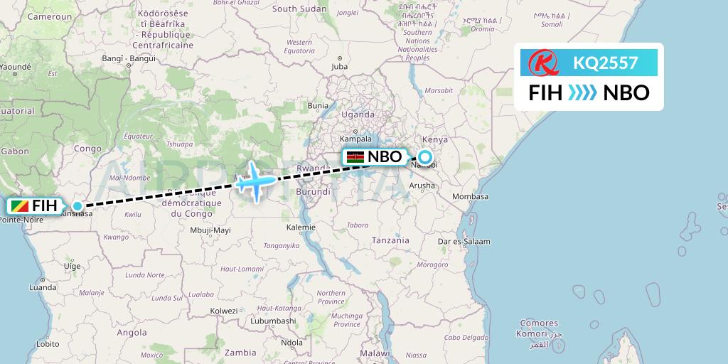 KQ2557 Kenya Airways Flight Map: Kinshasa to Nairobi