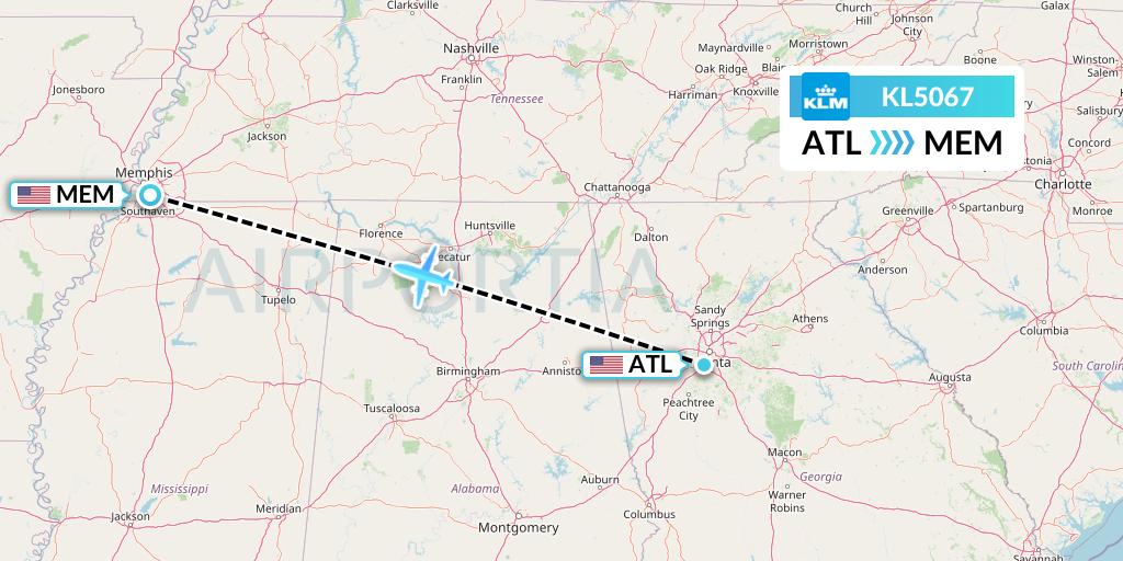 KL5067 KLM Flight Map: Atlanta to Memphis