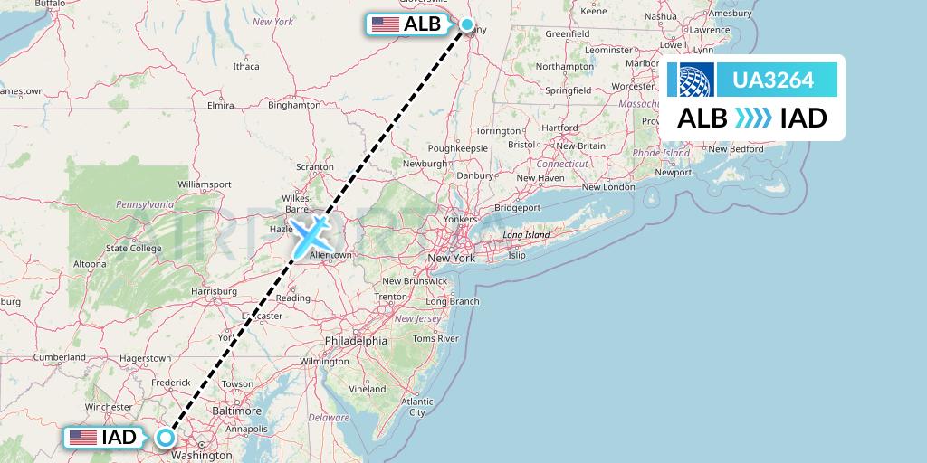 UA3264 United Airlines Flight Map: Albany to Washington