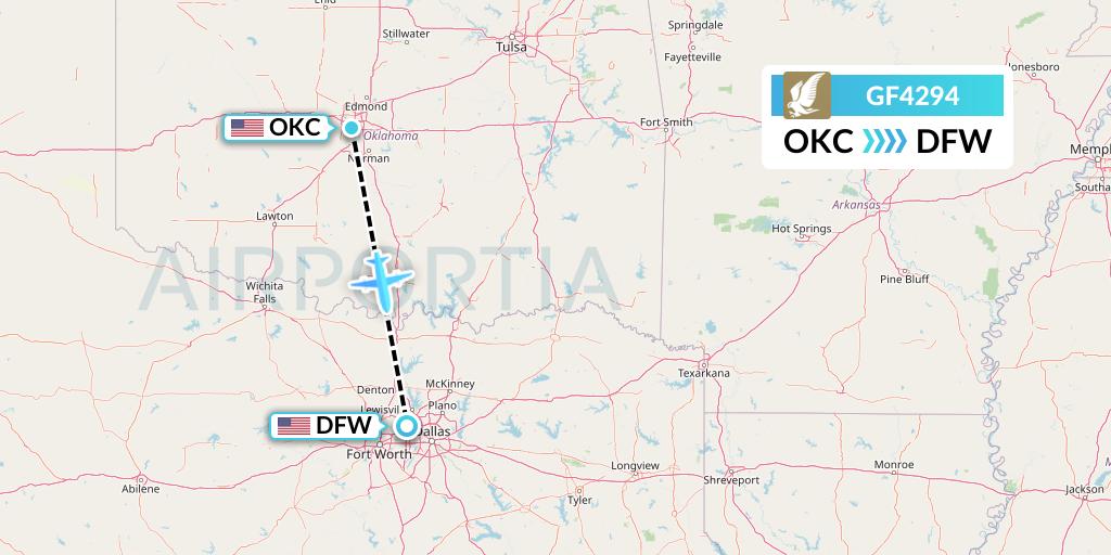GF4294 Gulf Air Flight Map: Oklahoma City to Dallas